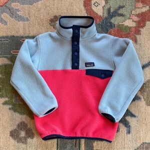 Patagonia Kids Snap-T Fleece Pullover - Light Blue & Bright Coral with Navy Trim